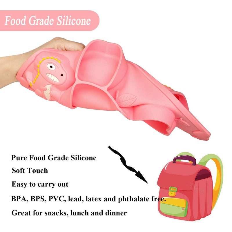 NICINGU 3Pcs Toddler Silicone Dinosaur Placemat Spoon and Fork Set,Divided Plate Dish for Baby Kids Infant Self Feeding Training，Non-Suction BPA Free Microwave Dishwasher Safe-Pink Dinosaur - Image 5